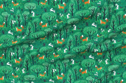 Vista 4 de Spoonflower Tela - Zorros esmeralda verde bosque, conejitos del bosque, animales lindos para niños, zorro impreso en tela de gasa, cuarto gordo