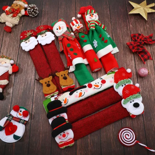 Vista 2 de Boao Funda navideña para manija de puerta de refrigerador, muñeco de nieve de Papá Noel, cubierta para manija de electrodomésticos, decoraciones