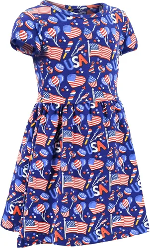 Vista 6 de Unique Baby Vestido sin mangas con estampado de bandera patriótico para niñas, Azul, blanco, rojo.