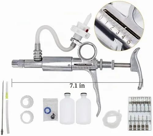 Vista 3 de Jeringa de inyección de 0.2 fl oz, pistola de inyección continua ajustable, jeringa semiautomática con 10 agujas para caballos, ganado, cerdos