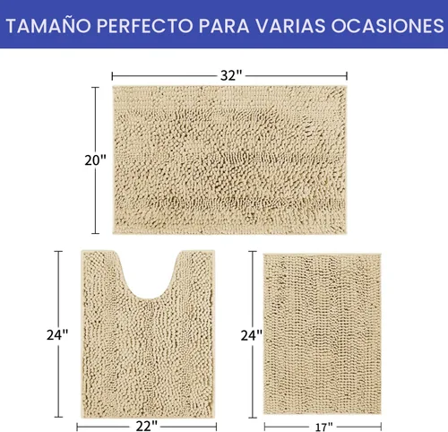 Vista 2 de ACCUMTEK - Juego de alfombras de baño a rayas beige de 3 piezas, ultrasuaves, antideslizantes de chenilla, alfombras de baño mullidas y absorbentes