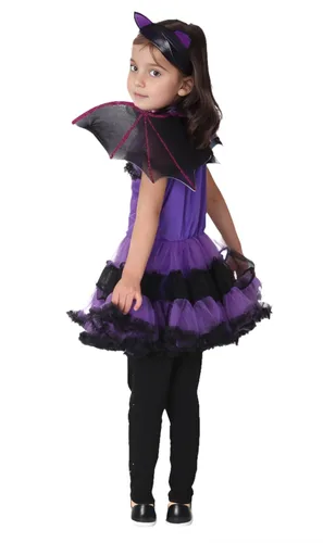 Vista 3 de Disfraz de vampiro de murciélago para niñas, ropa de Halloween para cosplay, vestido morado
