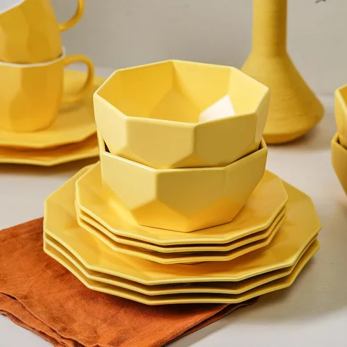 Vista 12 de Stone + Lain Jamie - Juego de vajilla geométrica de porcelana de 16 piezas, color verde Amarillo
