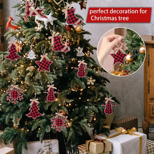 Vista 6 de Watayo 12 adornos colgantes de Navidad a cuadros negros y rojos, adornos colgantes de arpillera a cuadros de búfalo negro y rojo, decoración