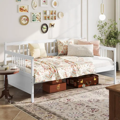 Vista 12 de Giantex - Marco de cama doble de día, sofá cama de madera con rieles y soporte de listones de madera, marco de cama de plataforma tamaño individual