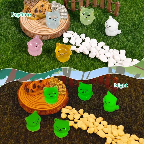 Vista 3 de 100 mini figuras de gato: adornos de resina que brillan en la oscuridad para decoración de pasteles, manualidades y decoración de paisaje de musgo