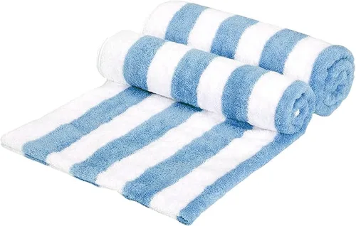 Vista 5 de Amazon Basics Toallas de playa a rayas, suaves y absorbentes, 100% algodón hilado en anillo, lavables a máquina, de secado rápido, certificado Azul