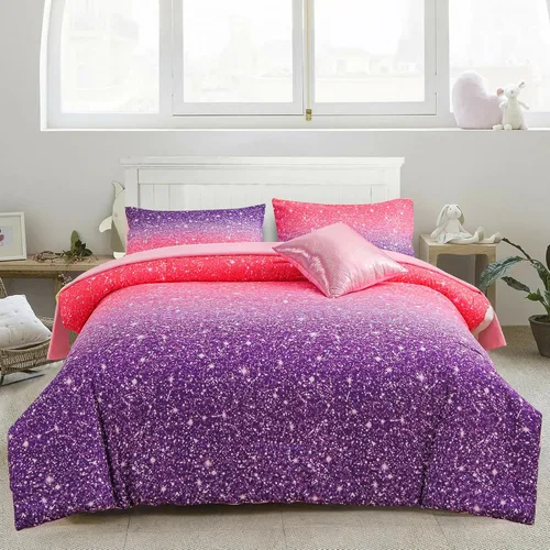 Vista 15 de A Nice Night Juego de ropa de cama de 6 piezas con purpurina degradada para niñas, tamaño completo, juego de edredón colorido de galaxia arcoíris