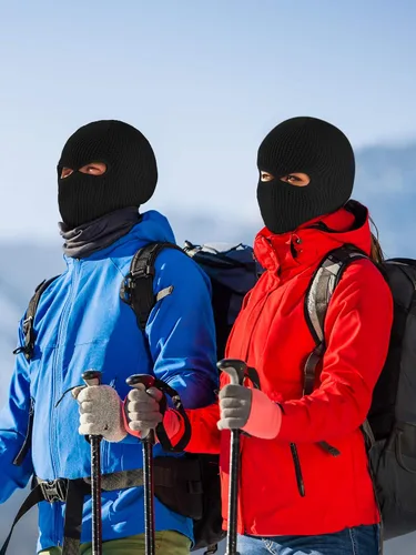 Vista 7 de Blulu Paquete de 3 máscaras de esquí con 2 agujeros, máscaras de invierno tejidas, pasamontañas cálidas y con protección contra el viento para Negro