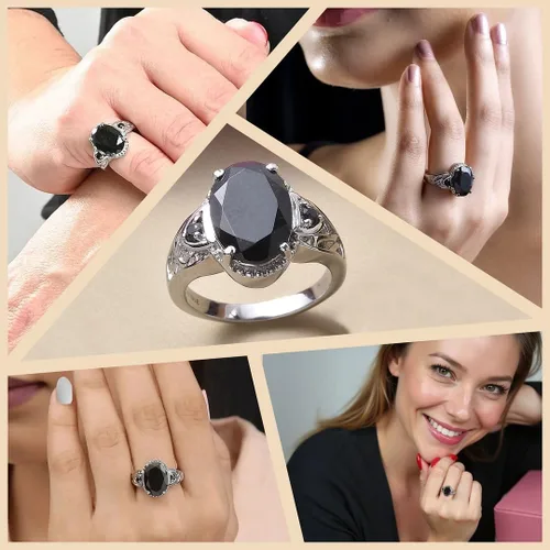 Vista 2 de Black Tourmaline Ring Spinel - Birthstone Rings for Women - Engagement Promise Statement Vintage Stainless Steel Tourmaline Jewelry Birthday