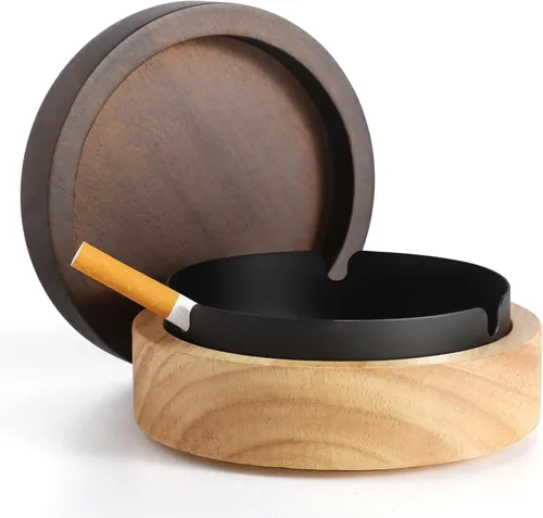 Vista 8 de Cenicero lindo para cigarrillos con tapa DDAJJAJ Cenicero de madera con acero inoxidable, cenicero portátil decorativo, cenicero resistente al