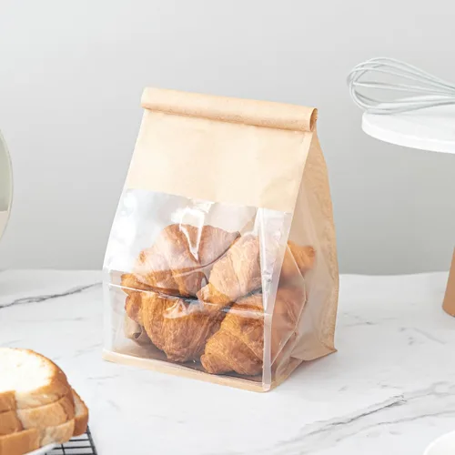 Vista 14 de 50 bolsas de pan con lazo de lata, bolsas para pan hechas de papel de algodón marrón, bolsa de embalaje de almacenamiento con ventana transparente