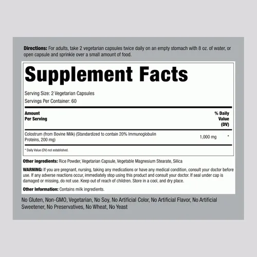 Vista 2 de Piping Rock Cápsulas de calostro de 1000 mg 120 píldoras Suplemento para mujeres y hombres 20% de inmunoglobulina Vegetariano, sin OMG, sin