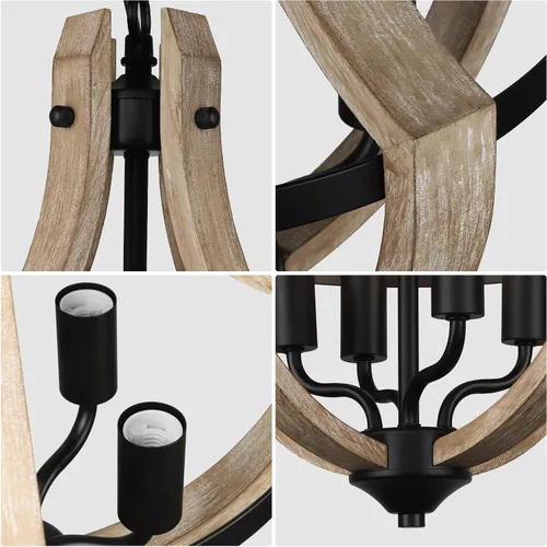 Vista 7 de Candelabro de 4 luces estilo granja para comedor, lámparas colgantes ajustables de madera vintage para isla de cocina, vestíbulo, entrada, zona