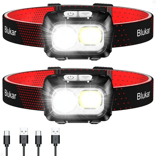 Vista 10 de Blukar Linterna Frontal, LED Recargable Súper Brillante de 2000L - Combinación de Luz Focal y Luz Difusa, Control por Sensor, 8 Modos, Resistente al