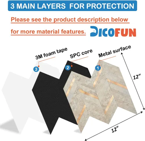 Vista 6 de DICOFUN 10 hojas de espiga para despegar y pegar, PVC de piedra beige para salpicaduras, azulejos de pared autoadhesivos con aspecto de mármol