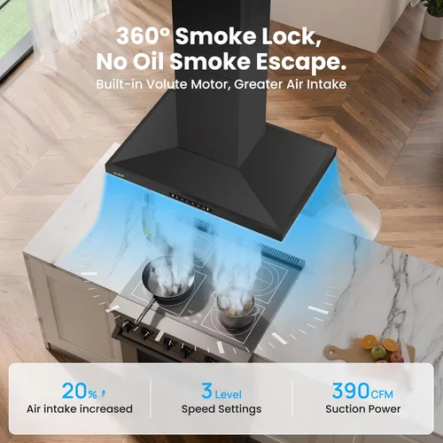 Vista 4 de Campana extractora para isla de 30 pulgadas, campana de cocina de 390 CFM con control táctil/gestual de doble cara, campana extractora de techo