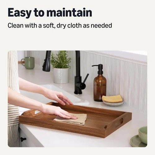 Vista 5 de Amazon Basics Bandeja de madera para servir, bandeja decorativa de madera de acacia de 17 x 12 pulgadas con asas integradas para desayuno