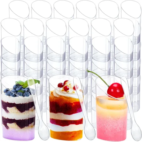 Vista 12 de Paquete de 100 mini tazas de postre con cucharas, pequeñas de plástico transparente de 3 onzas, inclinadas y redondas, vasos desechables tipo