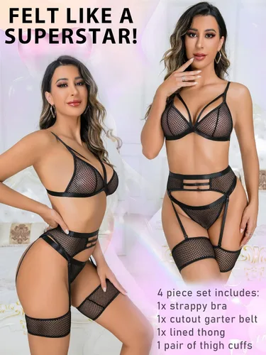 Vista 3 de popiv Conjunto sexy de lencería de red para mujer, conjunto de brasier y bragas de encaje con liguero, 4 piezas
