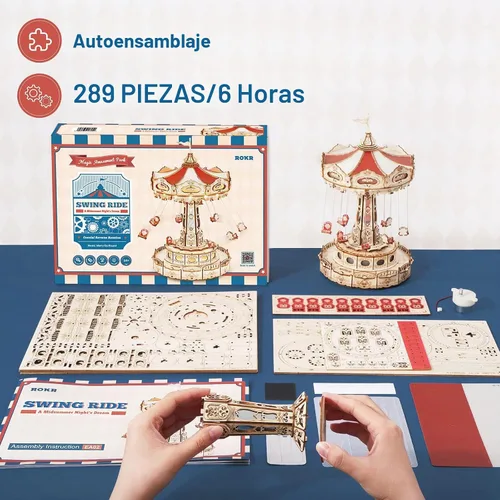 Vista 6 de ROKR Kit de rompecabezas 3D de madera con caja de música y LED, kit de modelo mecánico giratorio con columpio, kit de manualidades de bricolaje