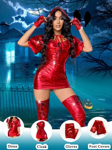 Vista 7 de Vestido sexy para mujer con capa de caballo, color rojo, 4 piezas, conjunto de disfraz de Halloween con purpurina