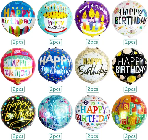 Vista 3 de 24 piezas de globos de aluminio de feliz cumpleaños de 45 cm redondos de helio flotantes de mylar, globos inflables para suministros de decoración