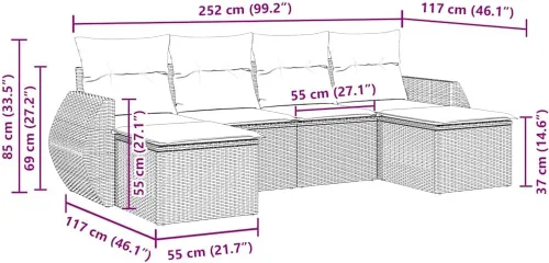 Vista 2 de 6-Piece Garden Sofa Set in Black and Cream White, Modern Outdoor Furniture with PE Rattan and Removable Cushions, Water-Resistant Patio Seating for