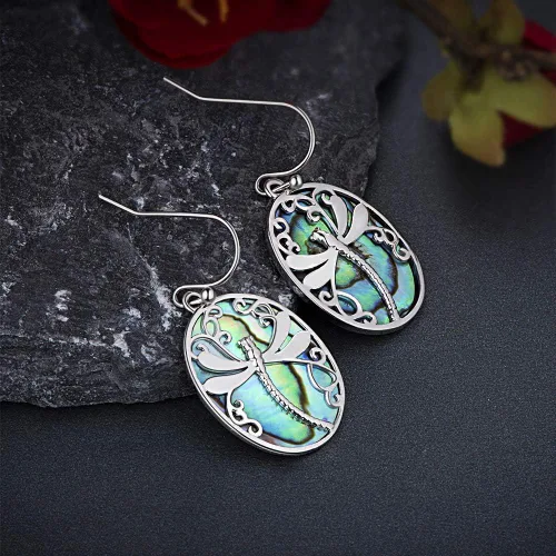 Vista 4 de Aretes de libélula chapados en oro blanco aretes colgantes de concha natural de moda para mujeres y niñas Metal Abulón