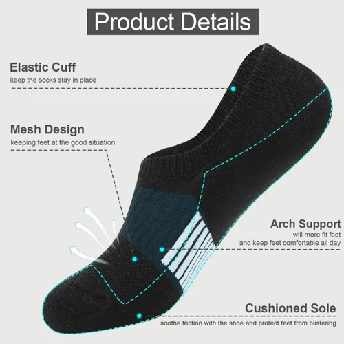 Vista 5 de Calcetines invisibles para mujer, acolchados, de corte bajo, atléticos, ocultos, para tenis, tobillos, calcetines invisibles para correr, 46 pares