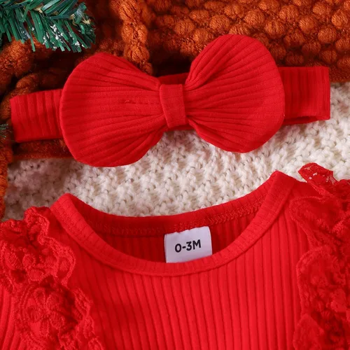 Vista 4 de Ehfomius Conjunto de mameluco de Navidad para bebé niña, con volantes, de manga larga, a cuadros, con diadema