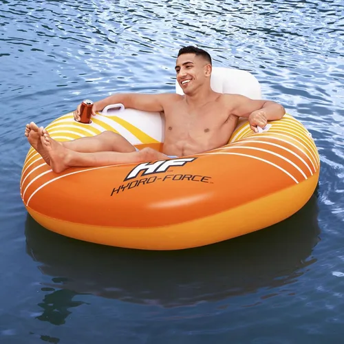 Vista 9 de Bestway 43399E Hydro-Force Sunkissed Pool, Lake, River, Beach Inflatable PVC Clasp N Go Inner Tube Ring Float with Cup Holder, Orange and Yellow