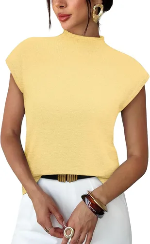 Vista 11 de Sampeel Suéter de manga corta para mujer, cuello alto, para verano, elegante, informal, básico, de punto