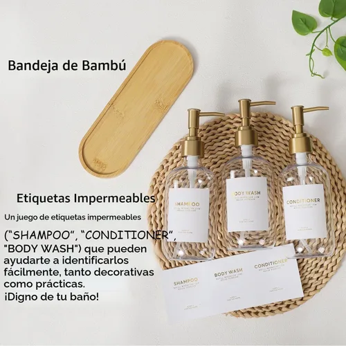 Vista 2 de Botellas dispensadoras de champú y acondicionador con bandeja de bambú Bomba Clear&gold