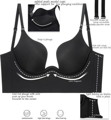 Vista 4 de sealsea Brasier de espalda baja para mujer, con alambre de elevación profunda en forma de U, sin espalda, con correas transparentes convertibles