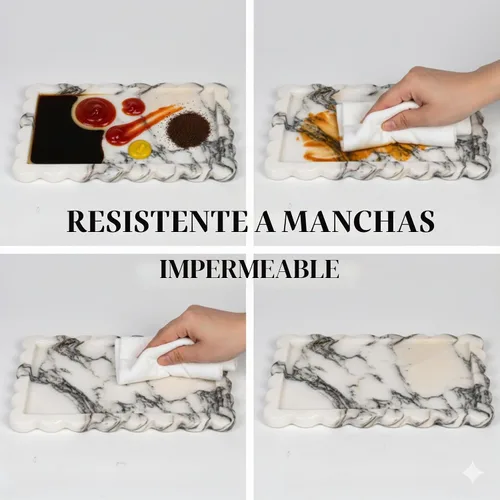 Vista 3 de Bandeja rectangular de mármol con borde ondulado para decoración del hogar para baño/cocina/tocador/aparador sin resina