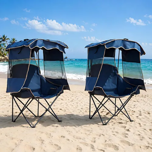 Vista 7 de ABORON Silla de camping con toldo, silla de playa plegable con sombra, silla portátil para exteriores con portavasos y bolsa refrigeradora