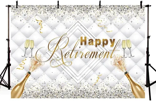 Vista 3 de SENDY Telón de fondo de feliz jubilación de 7 x 5 pies con purpurina de diamante dorado plateado para decoración de fiesta, felicitaciones