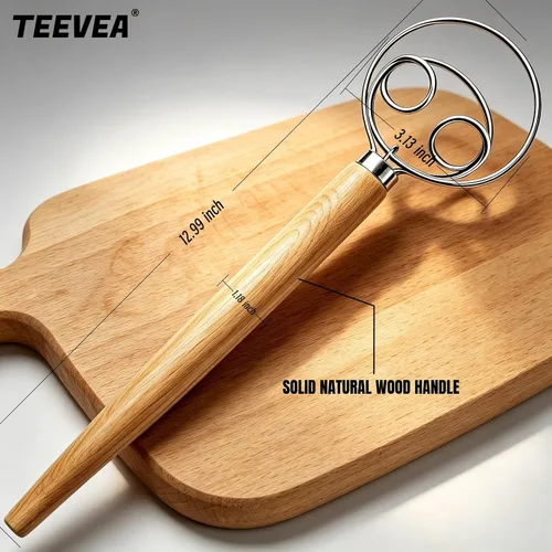 Vista 6 de TEEVEA Batidor de masa danesa Mango de madera de acero inoxidable para pan Batidor de masa de 2 ojos