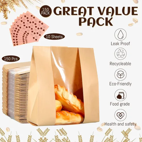 Vista 5 de Meanplan 150 bolsas de panadería con ventana, bolsas grandes de papel para pan casero, embalaje Kraft con 10 hojas de calcomanías para pan de masa