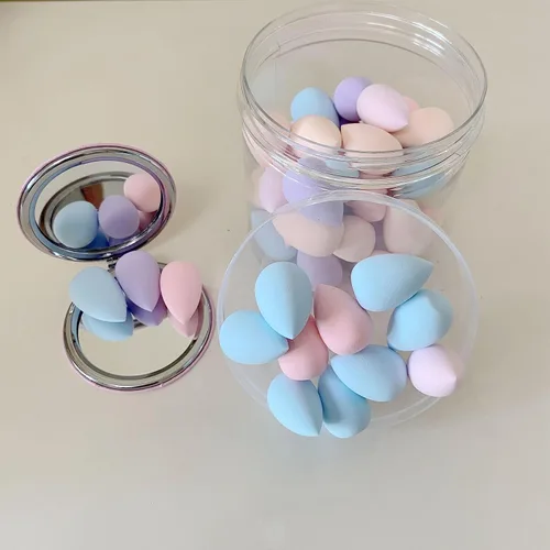 Vista 3 de 50 mini esponjas de maquillaje pequeñas y soplete de polvo con espejo de maquillaje, licuadora de belleza multicolor, esponja de maquillaje