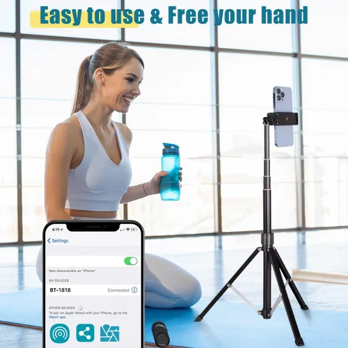 Vista 4 de Trípode para teléfono, trípode para selfie stick de 63 pulgadas compatible con iPhone/cámara/GoPro/cámara web, trípode ligero para teléfono