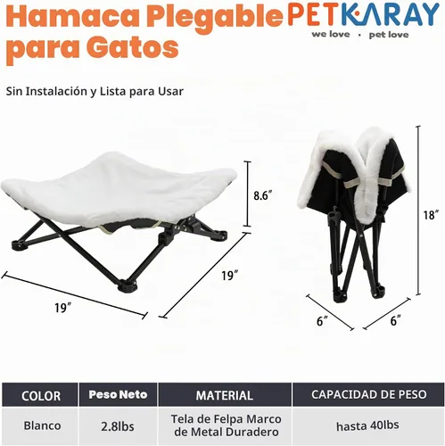 Vista 2 de PETKARAY Cama para Gatos Plegable y Elevada, Muebles de Salón Esponjosos para Gatito con Marco de Metal, Cama Colgante Elevada para Gatos