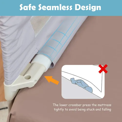 Vista 6 de BABY JOY Riel de cama para niños pequeños, 69 pulgadas, extra largo, altura ajustable y plegable, protector de riel de cama de bebé con malla Gris