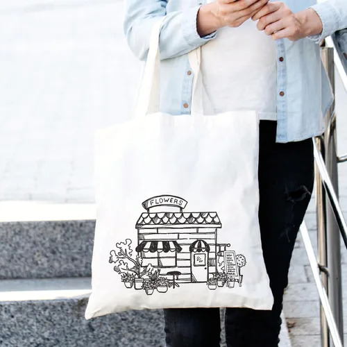 Vista 6 de Bolsa de lona minimalista de algodón reutilizable para mujer, diseño de arte estético, Edificio, Talla única