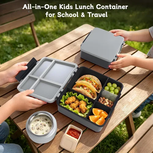 Vista 4 de Lonchera para niños con lonchera Bento con tarro de comida de 9 onzas, color negro Contenedor de almuerzo escolar a prueba de fugas de 4 azul