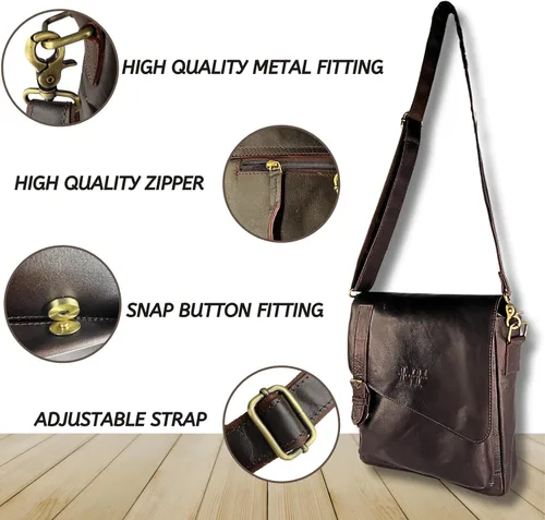 Vista 3 de LUXI TREASURE Soft Leather Sling Bag 11 inch Brown Crossbody Shoulder Messenger Unisex bag Adjustable straps