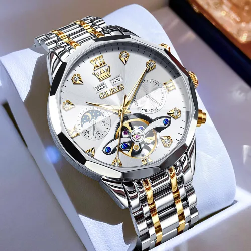 Vista 48 de OLEVS Reloj de pulsera automático con diseño de esqueleto para hombre, de lujo, con diamantes de lujo, de acero inoxidable, calendario, reloj
