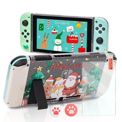 Vista 9 de Funda transparente con purpurina, funda de TPU para interruptor, funda protectora para interruptor con empuñaduras para pulgar y protector