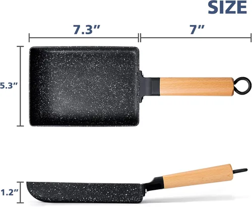 Vista 8 de Sartén cuadrada con revestimiento cerámico japonés Tamagoyaki para tortilla, pequeña sartén rectangular antiadherente con asa de madera (Gris oscuro)